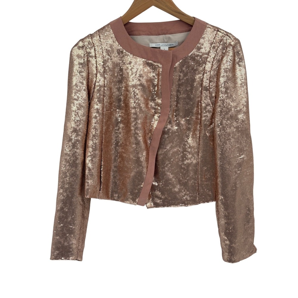 DVF Diane Von Furstenberg Evening Jacket Metallic Sequin‎ 6 Rose Gold Formal